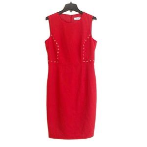 Calvin Klein Pop Red Sheath Sleeveless Midi Business Casual Career Dress EUC 10
